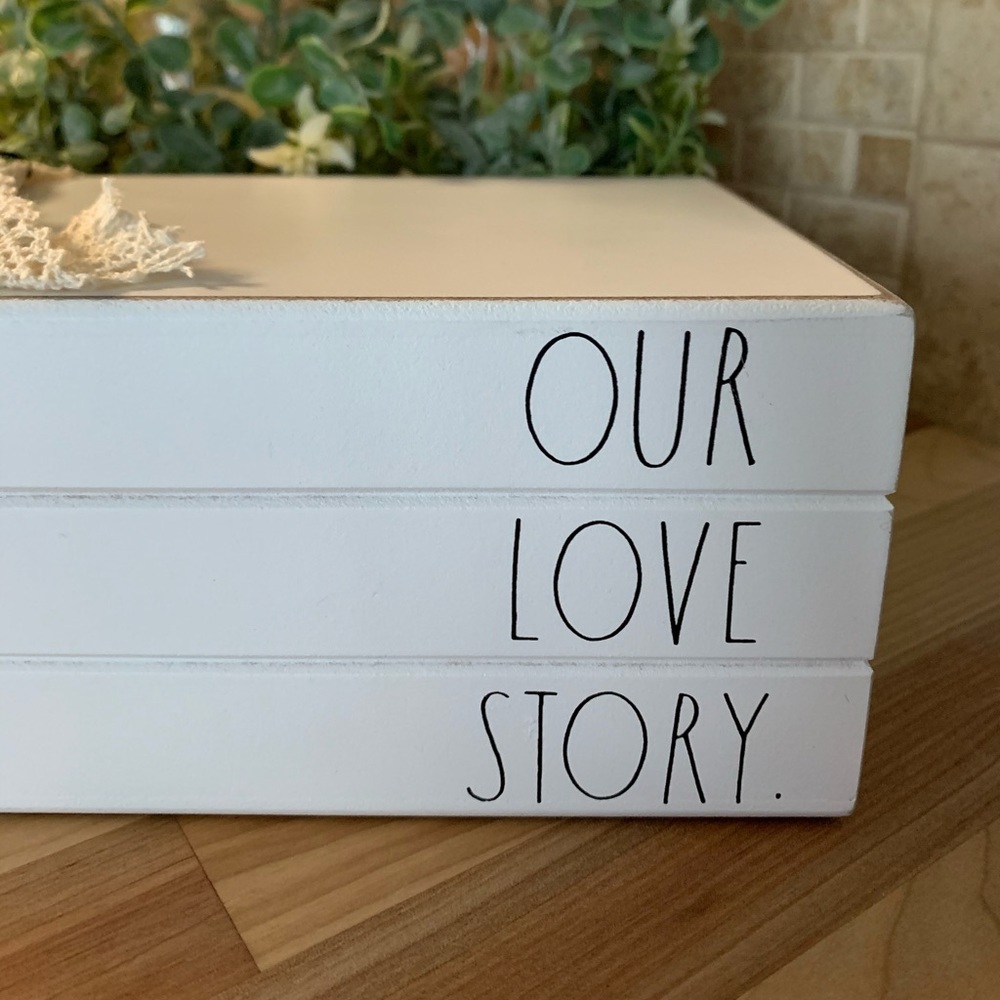 Rae Dunn “OUR LOVE STORY” White Farmhouse Wood Book Stack Decor NWT - Picture 2 of 8